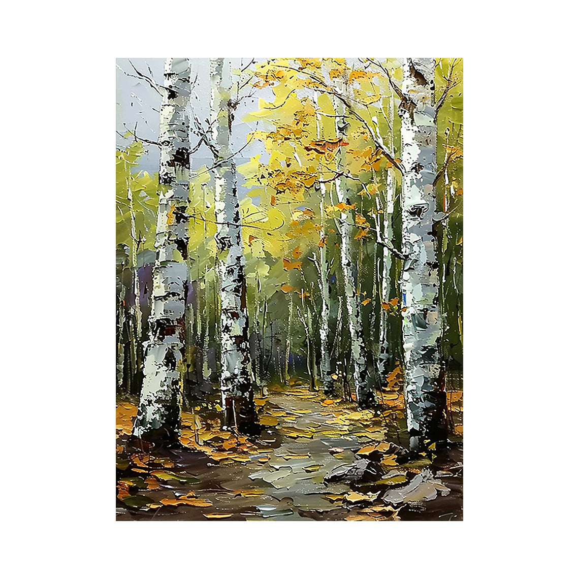 Textured Green Brown Landscape Birch Forest Knife Strokes Oil Painting Tactile Canvas Wabi-Sabi Wall Art AURA744