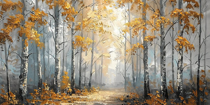 Plaster Textured Autumn Birch Forest Knife Stroke Wabi-Sabi Yellow Brown Gray Canvas Wall Art AURA716