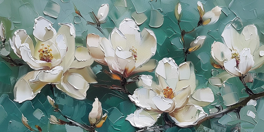 Textured Magnolia Oil Painting Green White Palette Knife Modern Organic Japandi Floral Wall Decor AURA717