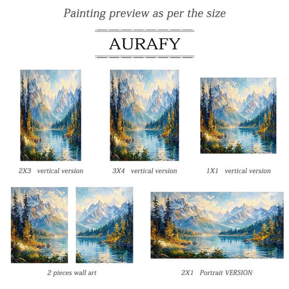 Blue Landscape Oil Painting with Knife Strokes Mountain Lake Snow-Capped Peaks Reflective Water AURA422