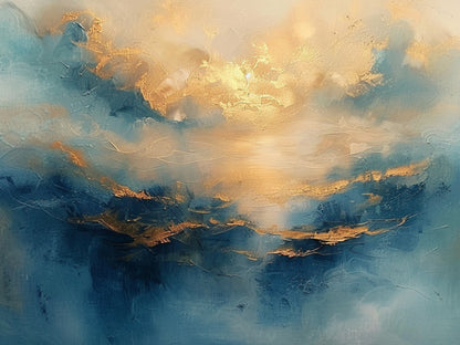 Textured Blue Gold Abstract Landscape Plaster Knife Stroke Japandi Wall Art Minimalist Luxe Home Decor AURA709
