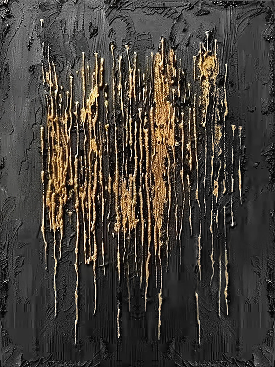 Metallic Drip Texture Canvas – Charcoal & Gold Accents – AURA031(Vertical)