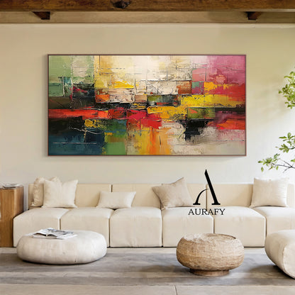 3D Textured Abstract Painting with High-Relief Plaster Tactile Surface Pink Green Yellow Knife Strokes AURA571