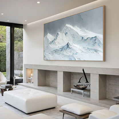 3D Textured Snow Mountain Painting Impasto Tactile Surface Gray White Modern Organic Art AURA519