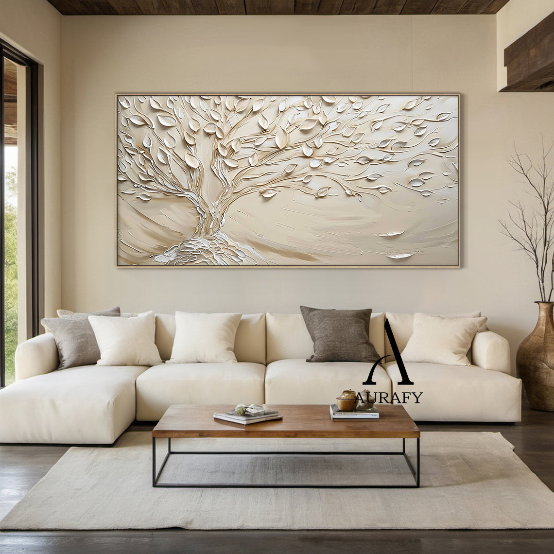 Beige High-Relief Knife Painted Tree Wall Art Japandi Wabi-Sabi Tactile Plaster Modern Organic Minimalist Decor AURA536