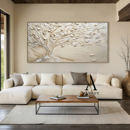 Beige High-Relief Knife Painted Tree Wall Art Japandi Wabi-Sabi Tactile Plaster Modern Organic Minimalist Decor AURA536
