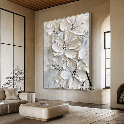 3D Textured Painting Gray White Abstract Floral Sculpted Canvas Tactile High-Relief Impasto Modern Organic Artwork AURA515