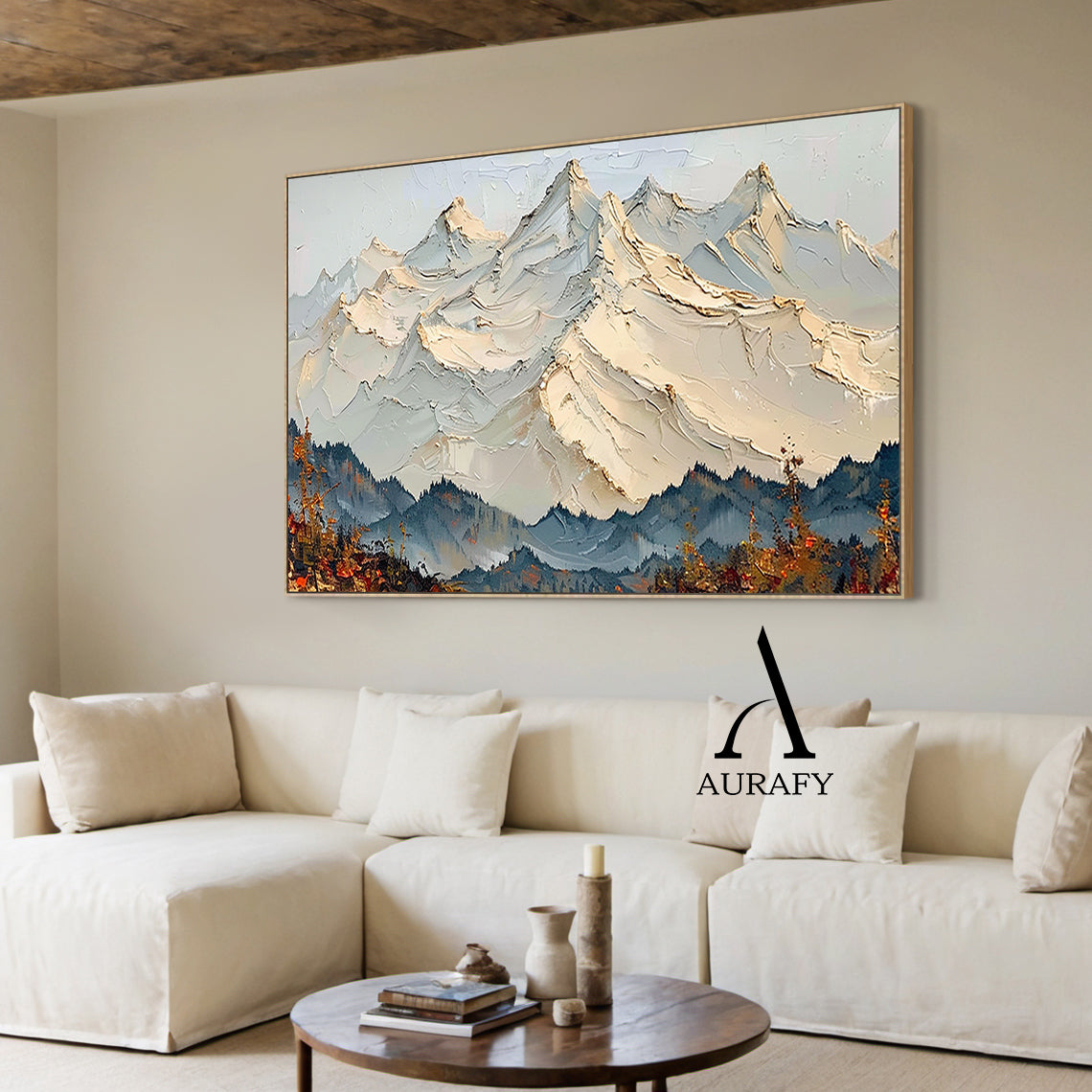 3D Textured Mountain Landscape Thick Impasto Knife Strokes Beige Blue Sculpted Tactile Canvas AURA514