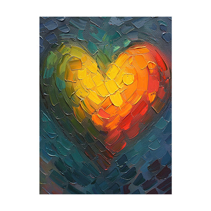 Abstract Heart Oil Painting Impasto Knife Strokes Warm Yellow Red Cool Blue Tactile Surface AURA623
