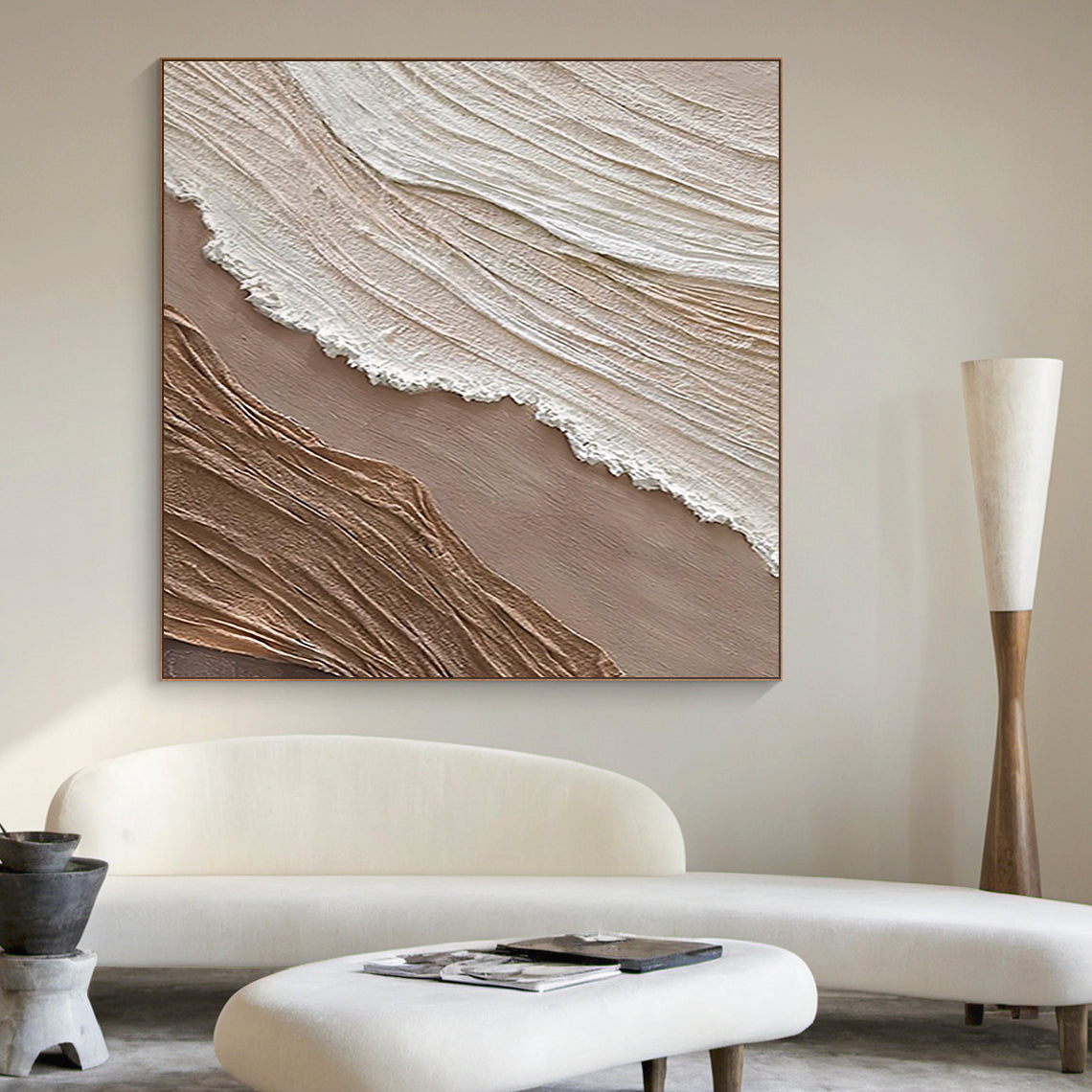 Minimalist Grid Texture Wall Art – Warm Beige Tones – AURA033 (Square)