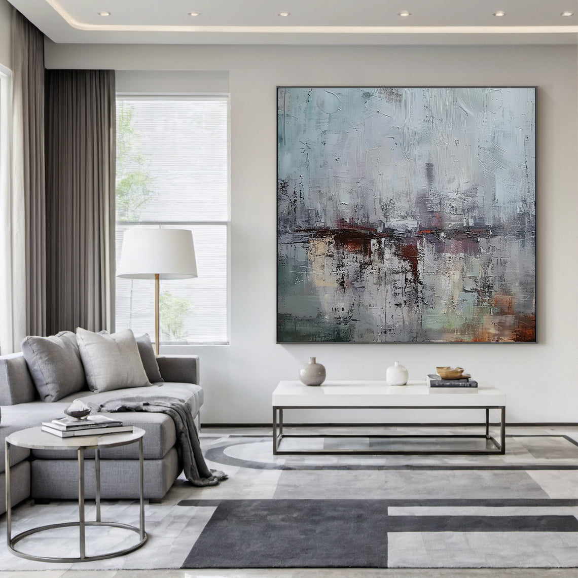AURA229 Gray Blue Wabi Sabi Abstract Wall Art: Large Textured Canvas with Soft Gray-Blue Tones & Earthy Accents. Hanging Above Minimalist Wooden Bed in Serene Bedroom, Complementing Warm Neutral Bedding & Cozy Ambient Lighting. Wabi Sabi Style Embraces Imperfection & Natural Beauty—Ideal for Bedroom Wall Decor, Cozy Reading Nooks, or Living Room Spaces. This Art Piece Adds Understated Charm to Calm Bedroom Areas, Merging Minimalist Elegance with Rustic Warmth as Part of the AURA229 Wabi Sabi Home Decor Coll