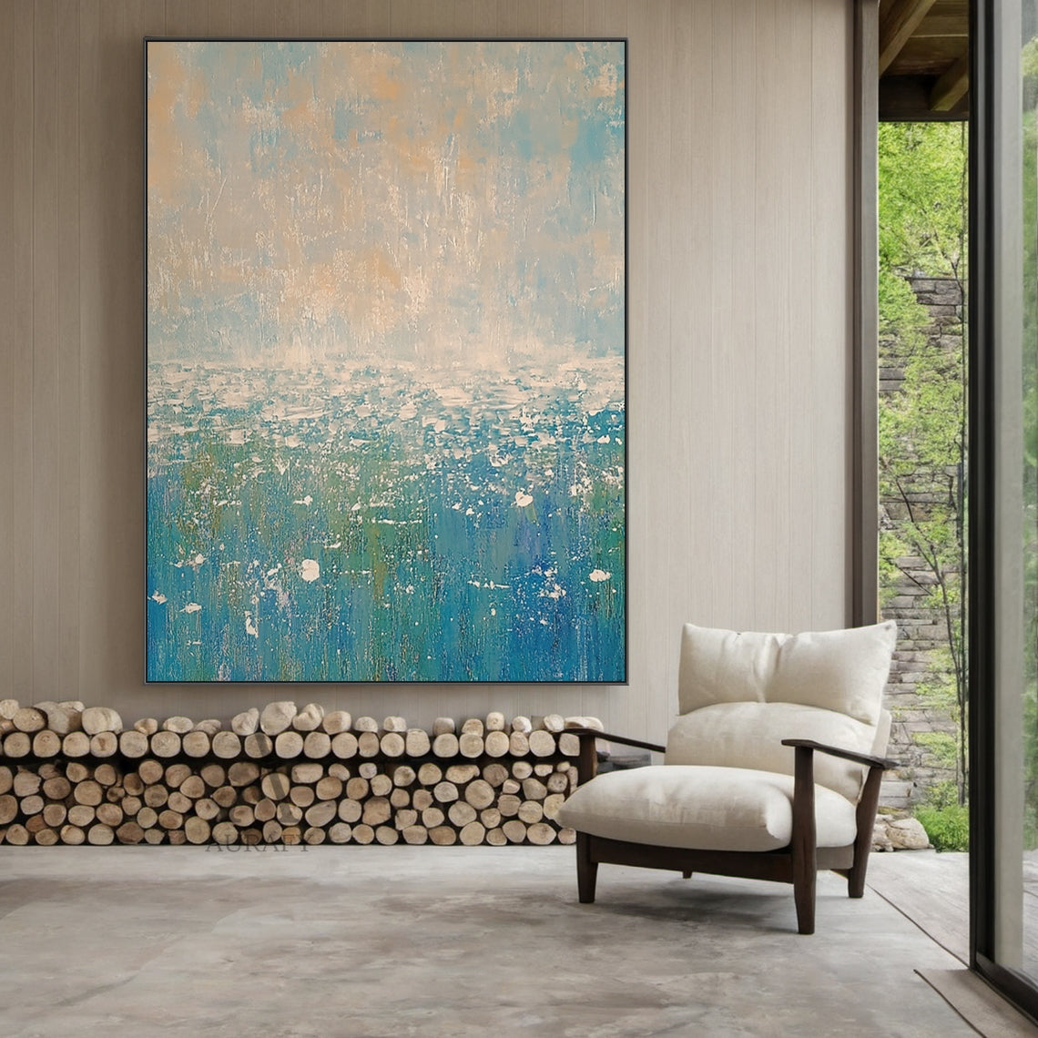 Abstract Beige Blue Impasto Artwork AURA405 Japandi Living Room Installation Display, the piece is mounted on a warm off-white accent wall above a light oak low sideboard, its soft upper gradients of pale blue and muted beige harmonize seamlessly with the surrounding neutral-toned soft furnishings and light wood decor, the lower layered blue tones ranging from bright sky blue to deep teal bring a quiet fresh coastal feeling to the space, the thick textured impasto strokes show distinct tactile layering unde