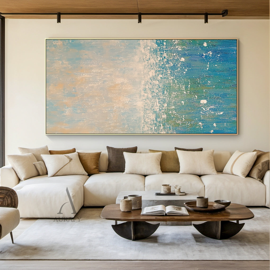 Abstract Beige Blue Impasto Artwork AURA405, upper part blends soft light blue and muted beige gradients with mottled, scratched textured strokes, lower section features layered shades of blue (from sky blue to deep teal) paired with irregular white splatter and smudge knife stroke details, entire canvas has thick tactile impasto texture with no figurative elements, abstract expressionist style that conveys serene, calm vibe, perfect for Japandi, minimalist and modern coastal interior decor.