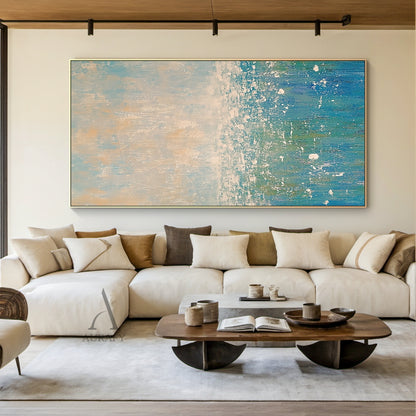 Abstract Beige Blue Impasto Artwork AURA405, upper part blends soft light blue and muted beige gradients with mottled, scratched textured strokes, lower section features layered shades of blue (from sky blue to deep teal) paired with irregular white splatter and smudge knife stroke details, entire canvas has thick tactile impasto texture with no figurative elements, abstract expressionist style that conveys serene, calm vibe, perfect for Japandi, minimalist and modern coastal interior decor.