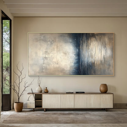 Abstract beige blue wall art (AURA405) with knife stroke textured surface, horizontal layered composition evokes calm water surface, distant shoreline and misty hazy sky in sequence, soft transition between light beige, gray beige, deep blue and gray blue tones, handcrafted thick paint texture delivers serene tranquil natural vibe, fits minimalist, Japandi and modern organic home decor.