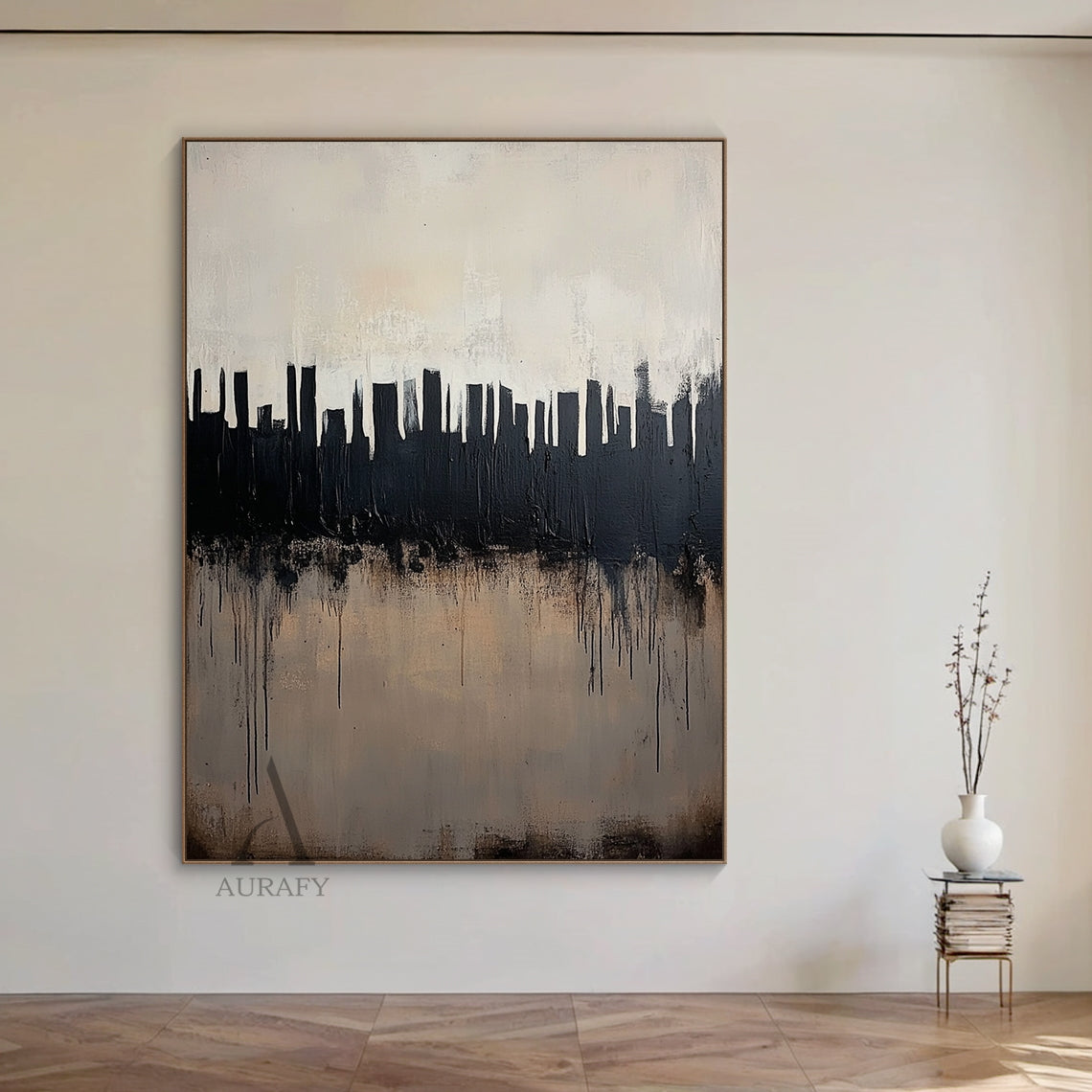 Abstract black and beige city skyline wall art styled in a cozy warm minimalist dining room interior scene, heavy impasto thick brushstrokes form bold black urban skyscraper silhouettes against a muted pale off-white gradient background, intentional black paint drips cascade over the textured warm beige lower area simulating city water reflection, tactile minimalist luxe abstract artwork hung beside a light oak dining sideboard against a soft off-white wall to show its matching effect for modern Japandi, mi