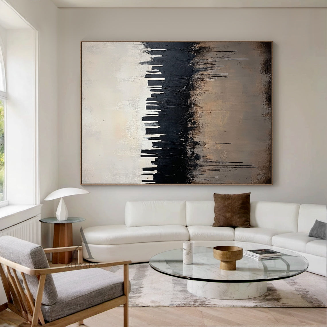 Abstract black and beige city skyline wall art styled in a cozy warm minimalist dining room interior scene, heavy impasto thick brushstrokes form bold black urban skyscraper silhouettes against a muted pale off-white gradient background, intentional black paint drips cascade over the textured warm beige lower area simulating city water reflection, tactile minimalist luxe abstract artwork hung beside a light oak dining sideboard against a soft off-white wall to show its matching effect for modern Japandi, mi