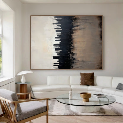 Abstract black and beige city skyline wall art styled in a cozy warm minimalist dining room interior scene, heavy impasto thick brushstrokes form bold black urban skyscraper silhouettes against a muted pale off-white gradient background, intentional black paint drips cascade over the textured warm beige lower area simulating city water reflection, tactile minimalist luxe abstract artwork hung beside a light oak dining sideboard against a soft off-white wall to show its matching effect for modern Japandi, mi
