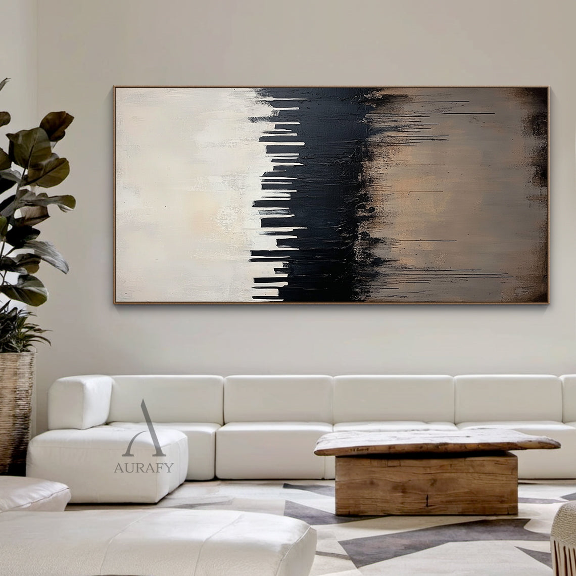 Abstract general black and beige city skyline wall art, heavy impasto thick brushstrokes form bold black urban skyscraper silhouettes against a muted pale off-white gradient background, intentional black paint drips cascade over the textured warm beige lower area simulating city water reflection, tactile minimalist luxe abstract artwork for modern Japandi and minimalist home decor.
