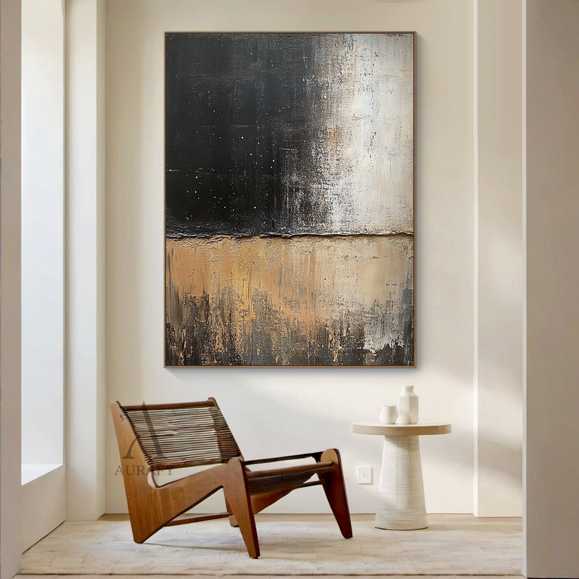 General abstract impasto canvas wall artwork AURA405, horizontally split textured composition: upper zone with thick textured deep black paint scattered with tiny white star-like specks, gradually fading to muted light beige; lower zone with layered earthy beige, warm tan and dark brown tones with vertical dragged brushstrokes evoking erosion texture, rough irregular boundary between the two sections, tactile thick paint surface, muted neutral black and beige palette fits Japandi, minimalist and neutral int