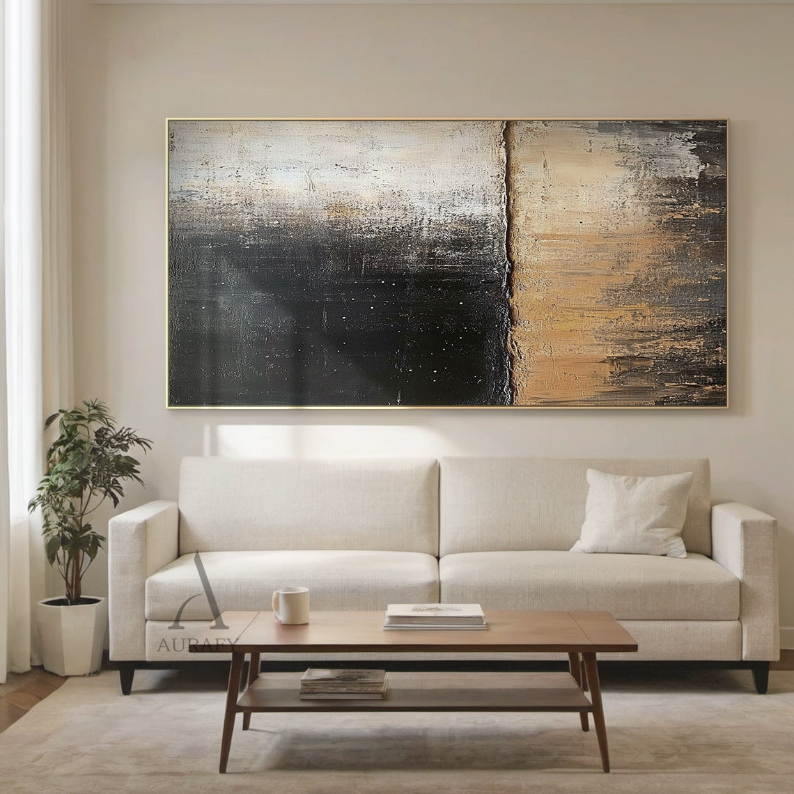 General abstract impasto canvas wall artwork AURA405, horizontally split textured composition: upper zone with thick textured deep black paint scattered with tiny white star-like specks, gradually fading to muted light beige; lower zone with layered earthy beige, warm tan and dark brown tones with vertical dragged brushstrokes evoking erosion texture, rough irregular boundary between the two sections, tactile thick paint surface, muted neutral black and beige palette fits Japandi, minimalist and neutral int