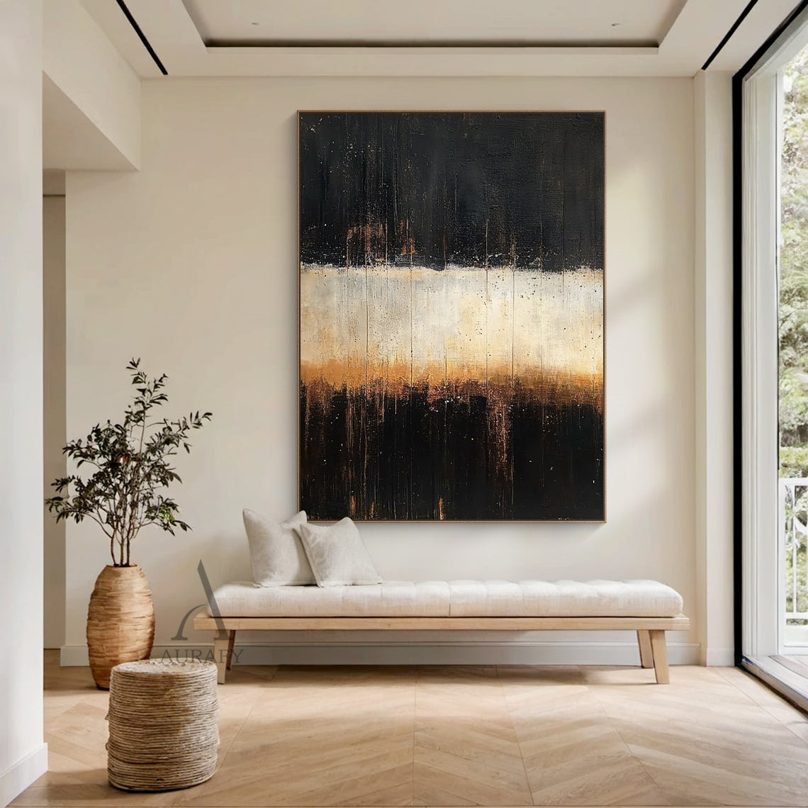 Abstract Black Beige Minimalist Expressionist Canvas Art AURA405, real home hanging display version, retains the classic horizontal layered structure with deep black sections (with subtle brown undertones and tiny paint speckles) on the top and bottom, the central beige to warm light brown gradient band is still the core visual focus, vertical knife stroke and paint drip textures run through the whole canvas, intuitively presents its harmonious matching effect with plain soft furnishings, fitting neutral ho