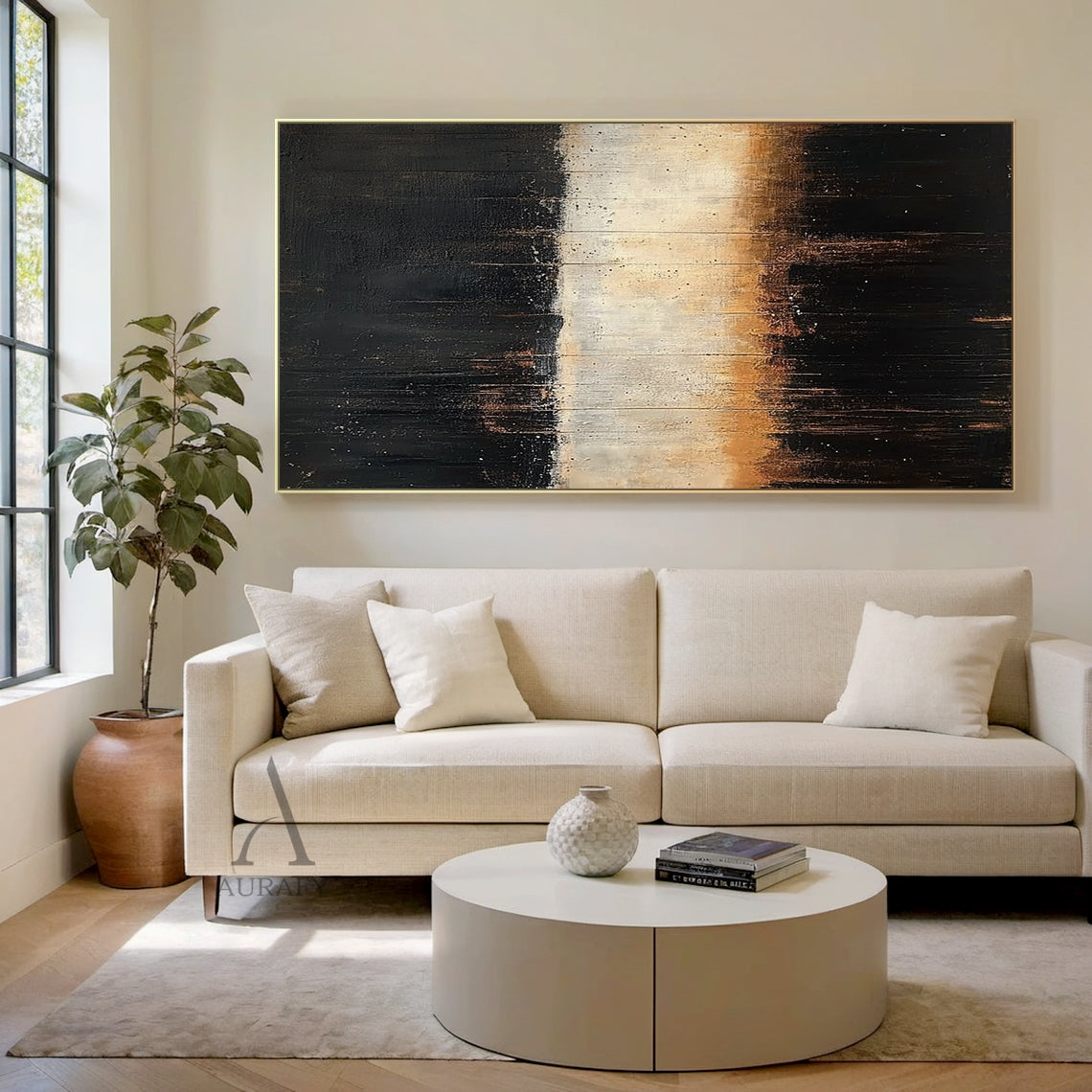 Abstract Black Beige Minimalist Expressionist Canvas Art AURA405, real home hanging display version, retains the classic horizontal layered structure with deep black sections (with subtle brown undertones and tiny paint speckles) on the top and bottom, the central beige to warm light brown gradient band is still the core visual focus, vertical knife stroke and paint drip textures run through the whole canvas, intuitively presents its harmonious matching effect with plain soft furnishings, fitting neutral ho