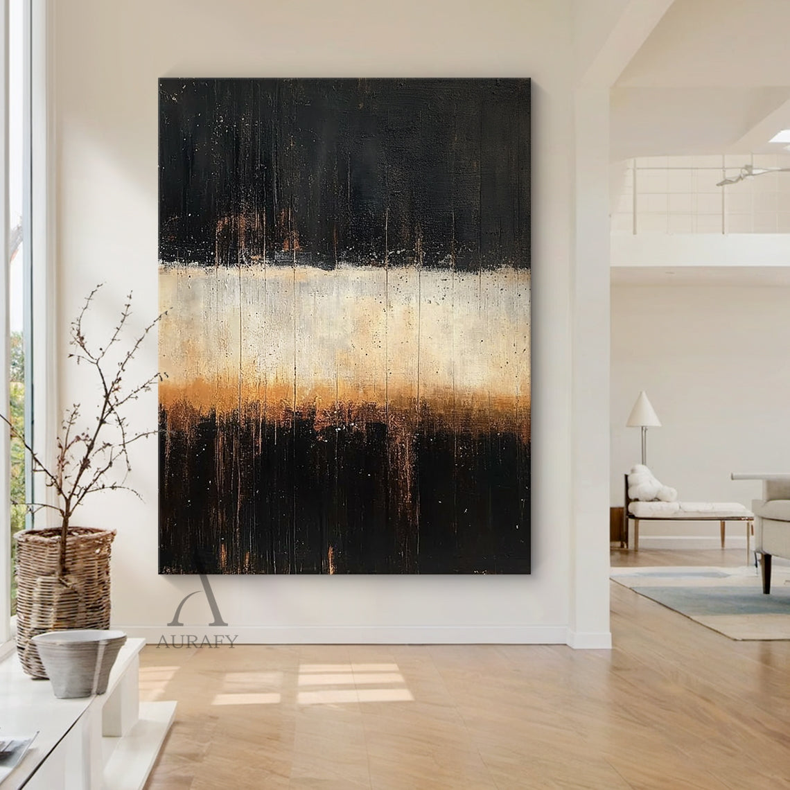 Abstract Black Beige Minimalist Expressionist Canvas Art AURA405, living room sofa backdrop hanging display version, retains the classic horizontal layered structure with deep black sections (with subtle brown undertones and tiny paint speckles) on the top and bottom, the central beige to warm light brown gradient band is still the core visual focus, vertical knife stroke and paint drip textures run through the whole canvas, intuitively presents its harmonious matching effect with light wood furniture, line