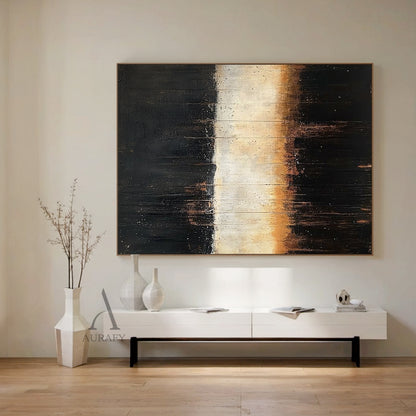 Abstract Black Beige Minimalist Expressionist Canvas Art AURA405, features horizontal layered composition with deep black sections (with subtle brown undertones and tiny paint speckles) on top and bottom, central beige to warm light brown gradient band as the visual focus. Vertical knife stroke and paint drip textures run through the whole artwork, presenting strong color contrast and rich tactile impression, fitting neutral home, Japandi and minimalist space decor.