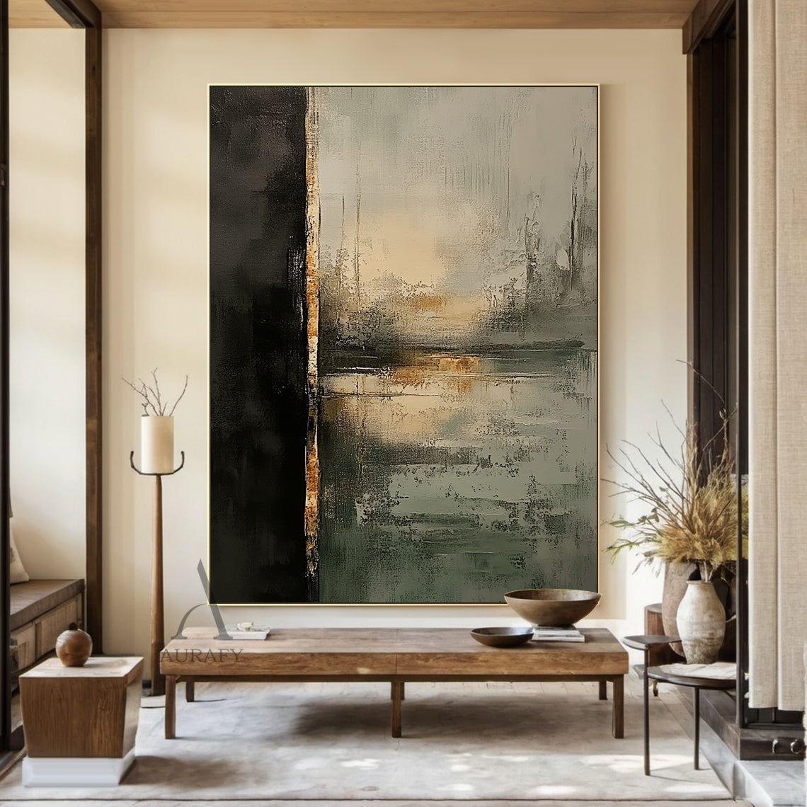 Vertical abstract black green canvas wall art, large matte deep black block takes up nearly one-third of the left side, a worn brown-yellow vertical textured strip runs through the middle, the right and lower areas are rendered in muted sage green, light green, neutral gray and off-white with subtle warm yellow light spots, abstract blurred horizontal lines evoke a misty dawn lakescape, full of rough hand-painted brushstrokes, impasto, scratch and smudge textures, suited for Japandi, minimalist, modern orga