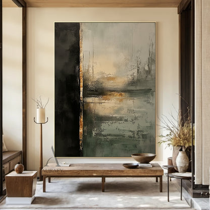 Vertical abstract black green canvas wall art, large matte deep black block takes up nearly one-third of the left side, a worn brown-yellow vertical textured strip runs through the middle, the right and lower areas are rendered in muted sage green, light green, neutral gray and off-white with subtle warm yellow light spots, abstract blurred horizontal lines evoke a misty dawn lakescape, full of rough hand-painted brushstrokes, impasto, scratch and smudge textures, suited for Japandi, minimalist, modern orga