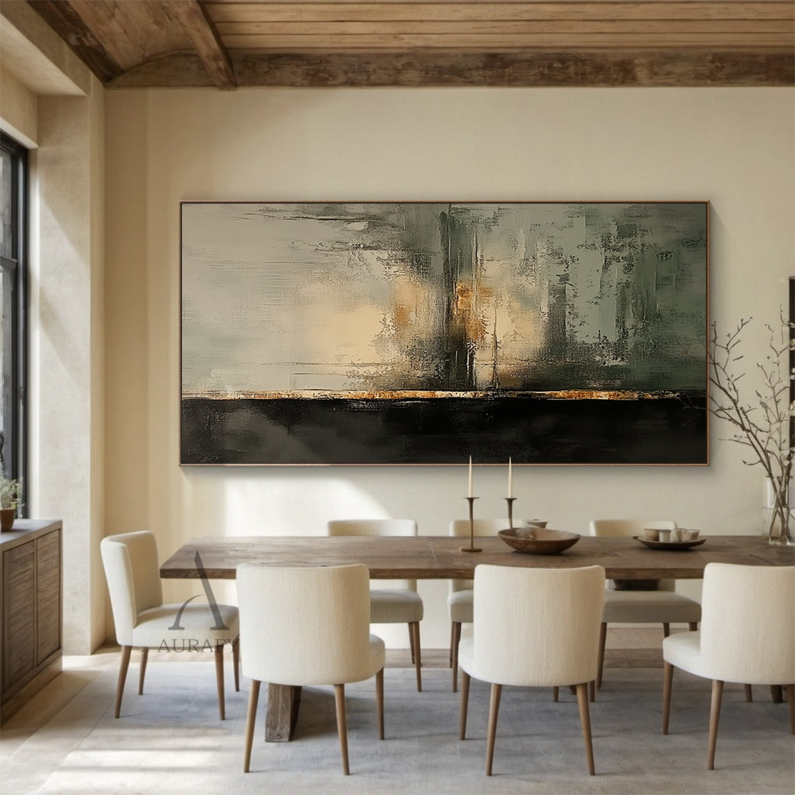 Vertical abstract black green canvas wall art, large matte deep black block takes up nearly one-third of the left side, a worn brown-yellow vertical textured strip runs through the middle, the right and lower areas are rendered in muted sage green, light green, neutral gray and off-white with subtle warm yellow light spots, abstract blurred horizontal lines evoke a misty dawn lakescape, full of rough hand-painted brushstrokes, impasto, scratch and smudge textures, suited for Japandi, minimalist, modern orga