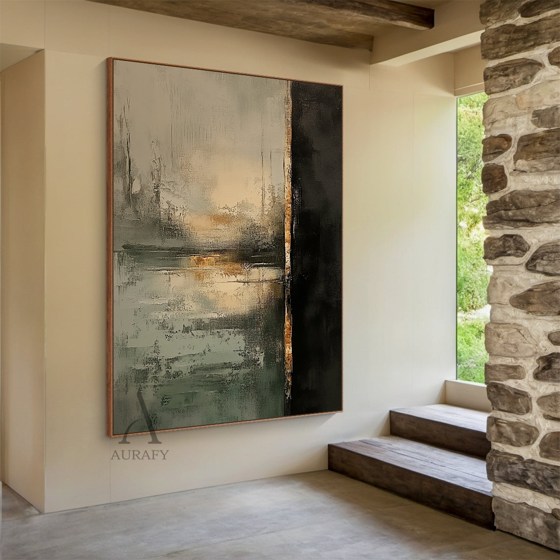 Vertical abstract black green canvas wall art hung on textured light taupe background wall of Japandi style living room, paired with a low-profile light oak TV console below, next to it are placed dried pampas grass decorations and off-white linen knit throw blanket, the artwork features a large matte deep black block occupying nearly one-third of the left side, a worn brown-yellow vertical textured strip runs through the middle, the right and lower areas are presented in muted sage green, light green, neut