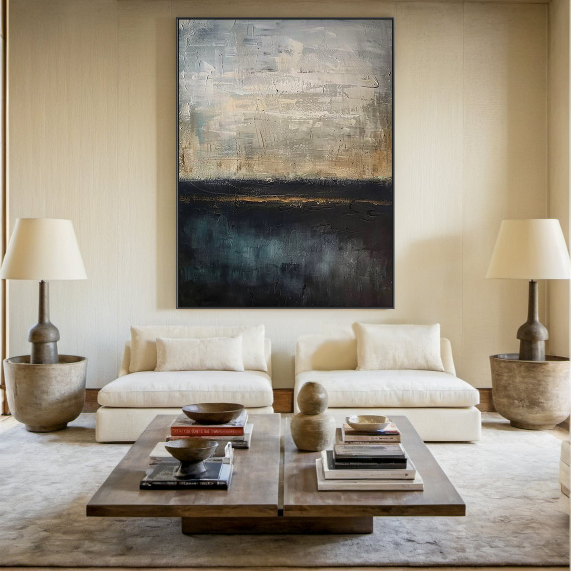 Abstract Blue Wall Art Sculpted Tactile Plaster Texture (AURA195) displayed in a modern minimalist living room. The art features layered blue, gray, beige, and light brown tones with a tactile plaster finish. Surrounded by beige fabric sofas, a wooden coffee table, textured ceramic lamps, and a light gray rug, it adds a serene, art-luxury touch to neutral-tone home decor, elevating the space’s modern minimalist aesthetic.