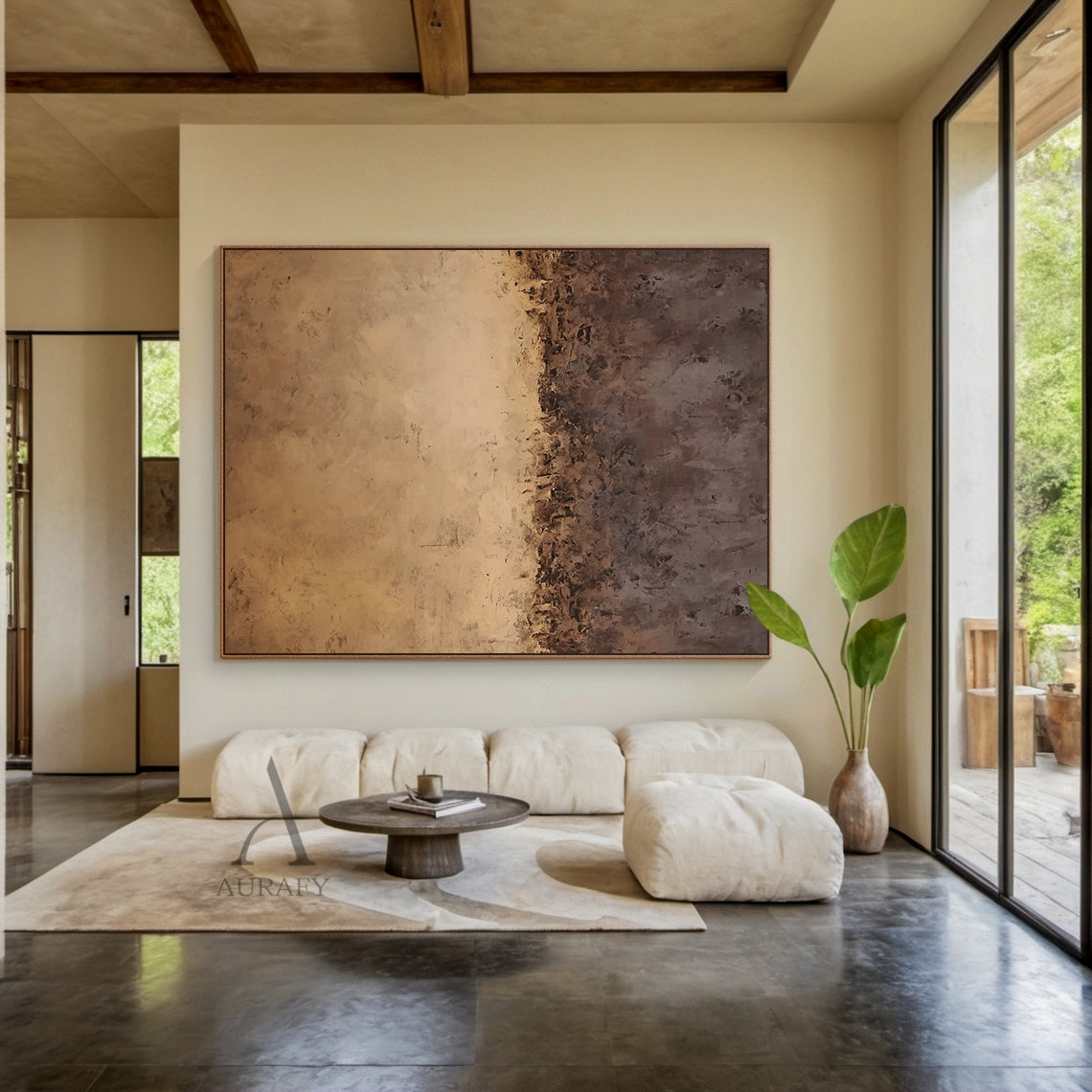 AURA598 Abstract Brown Beige Canvas Art - Warm earth tone gradient (soft beige upper, rich brown middle, deep dark brown lower), general abstract style with tactile impasto knife strokes, rough plaster-like 3D texture, and organic layers. Ideal for modern minimalist living room sofa backdrop, Nordic-style dining room wall decor, cozy study desk above accent, or luxury entryway focal point. Complements neutral decor and warm wood accents.
