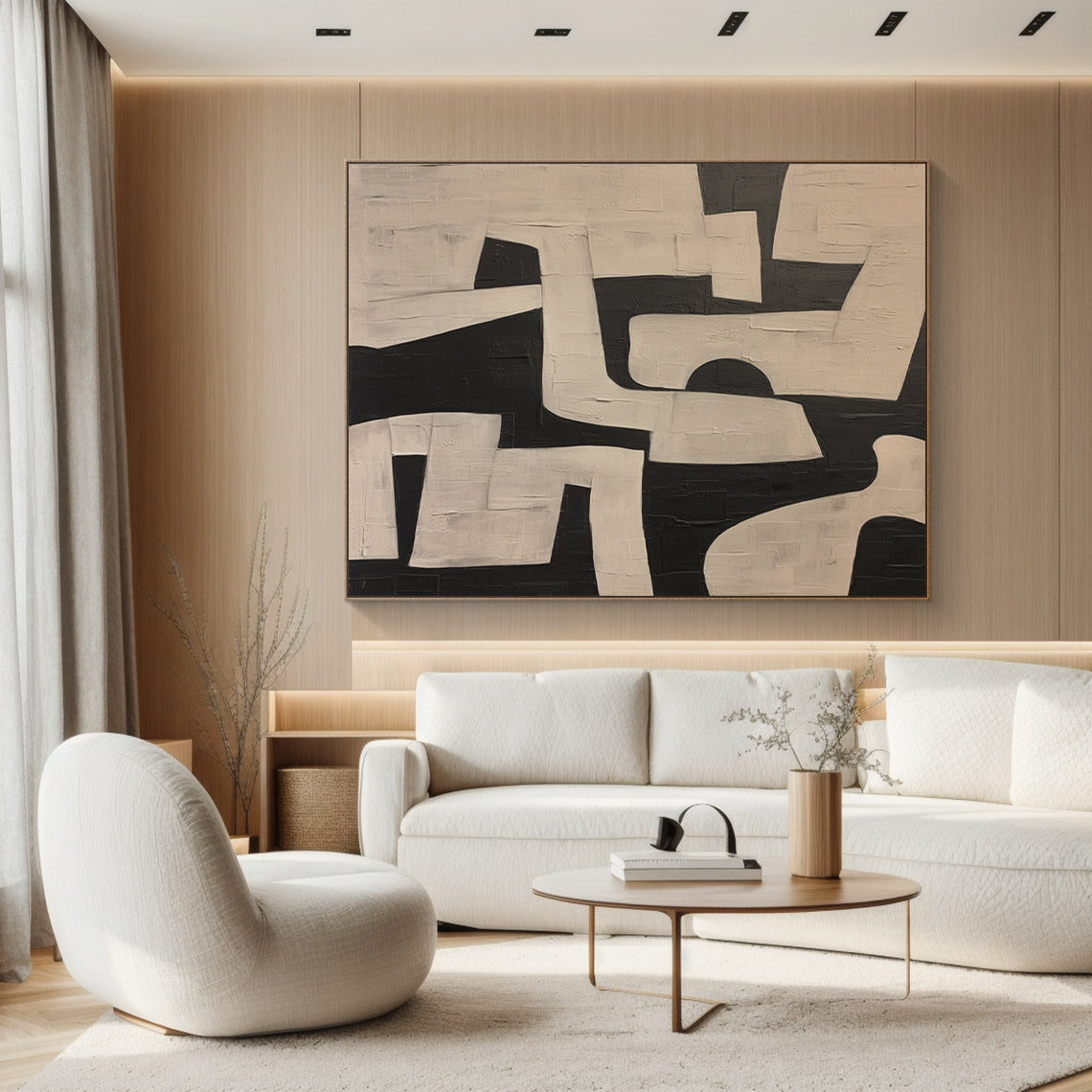 Black and off-white abstract geometric wall art (modern living room wall art) with thick textured brushstrokes and irregular blocks. Framed in wooden frame, displayed in a modern living room with soft neutral decor (beige sofa, wooden coffee table, warm floor lamp, natural light through sheer curtains). Ideal for modern, Scandinavian, or minimalist style spaces—living room focal point, cozy home office accent, or bedroom statement piece. Premium matte canvas art with dynamic balance and tactile depth, enhan