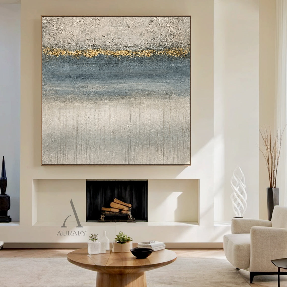 General abstract gray blue plaster textured wall art (AURA405) with horizontal layered composition: top rough thick impasto light gray plaster texture, middle irregular textured gold accent band as visual focal point, followed by gradient blue section with horizontal brushstrokes, bottom light gray layer with vertical dripping texture. Modern organic wabi-sabi style artwork, perfect for Japandi, minimalist, luxury modern living room, bedroom, office wall decor.