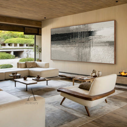 Abstract Gray Textured Wall Art: Grayscale palette (bright white to deep black) with rough horizontal stucco-like strokes, dark center vertical strip of fine parallel lines, layered mid-tones, asymmetrical composition. Tactile industrial piece perfect for minimalist living room accent walls, industrial-style study display areas, or light luxury dining room focal points.