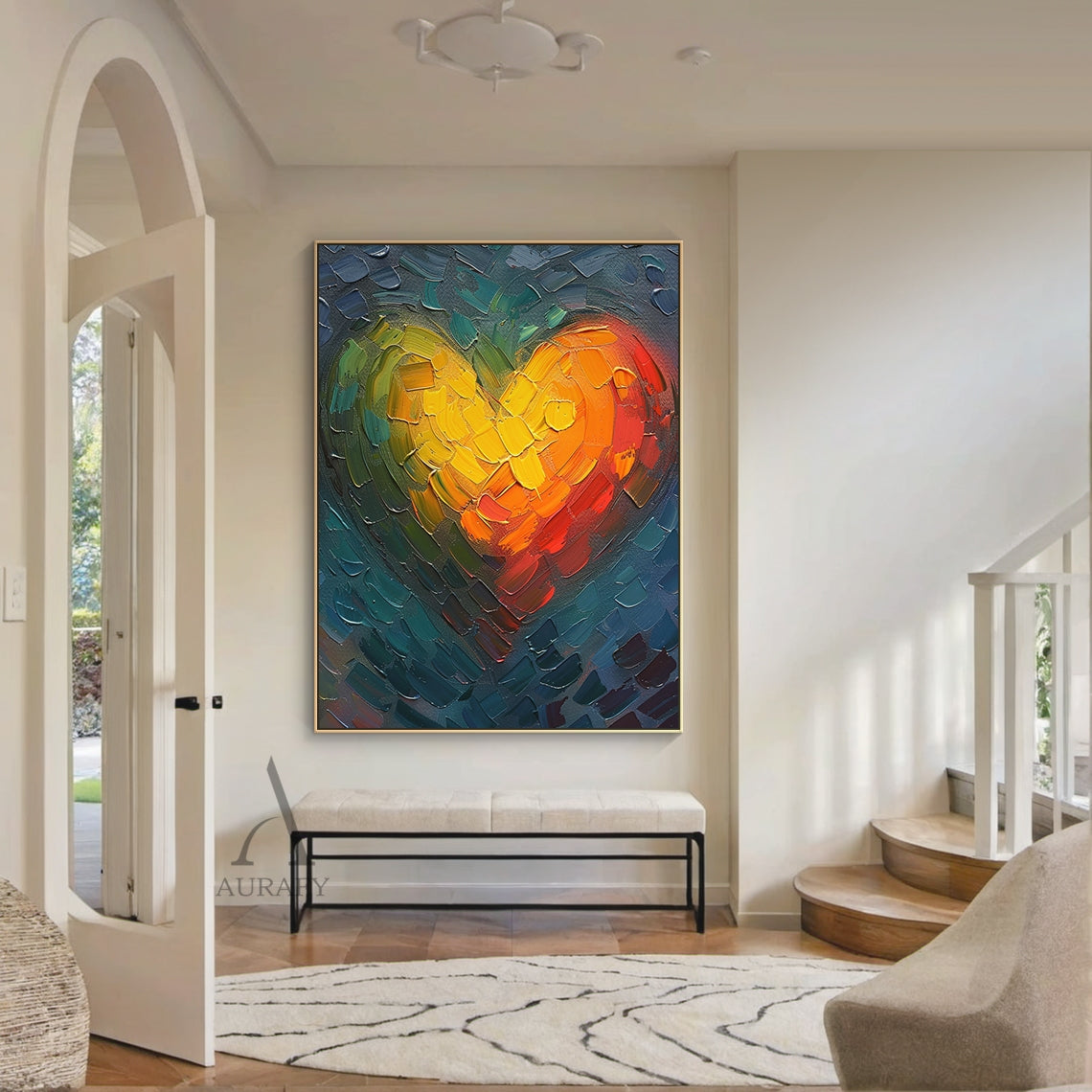 Impasto abstract heart oil painting wall art, thick palette knife strokes form a gradient warm-toned heart in bright yellow, soft orange and vivid red as the focal point, paired with a textured cool blue and teal block stroke background, this dimensional tactile canvas piece is hung on the beige accent wall of a minimalist Japandi living room above a low-profile solid wood sofa, ideal for bedroom, home office and other cozy residential space decor, AURA405