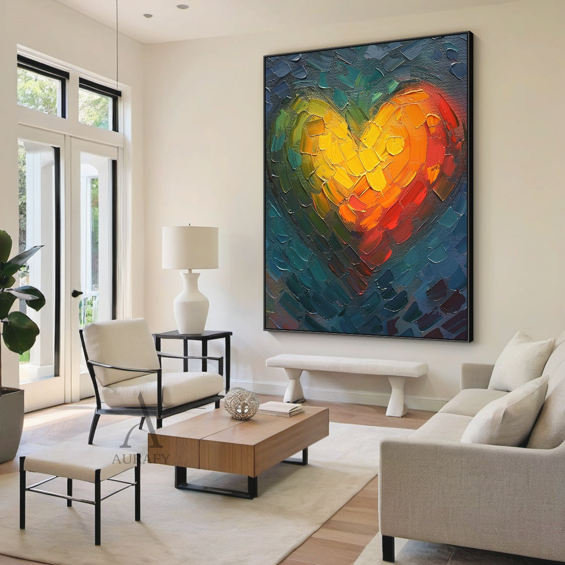 Impasto abstract heart oil painting, thick palette knife strokes form a gradient warm-toned heart in bright yellow, soft orange and vivid red as the focal point, paired with a textured cool blue and teal block stroke background, dimensional tactile canvas wall art ideal for Japandi living room, bedroom and home office decor, AURA405