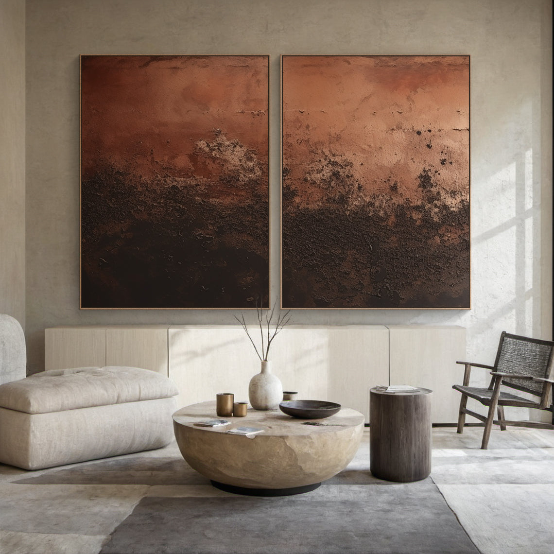 Abstract Red Brown Wall Art Set of Two (AURA213) - Warm red-brown to deep chocolate brown gradients, heavy imp impasto knife-stroke texture, modern organic general abstract style. Perfect for Japandi dining dining room decor, minimalist minimalist living living room focal point, or modern organic interiors interior design.. Hung Hung above a wooden dining table in a neutral-ton space, enhancing warm, serene serene serene, earthy vibe to the room.