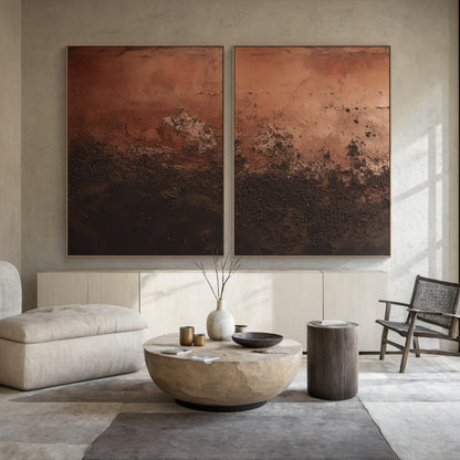 Abstract Red Brown Wall Art Set of Two (AURA213) - Warm red-brown to deep chocolate brown gradients, heavy imp impasto knife-stroke texture, modern organic general abstract style. Perfect for Japandi dining dining room decor, minimalist minimalist living living room focal point, or modern organic interiors interior design.. Hung Hung above a wooden dining table in a neutral-ton space, enhancing warm, serene serene serene, earthy vibe to the room.