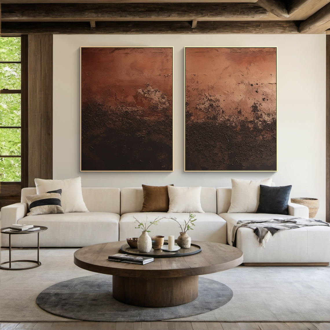 Abstract Red Brown Wall Art Set of Two (AURA213) - Warm red-brown to deep chocolate brown gradients, heavy impasto knife-stroke texture, modern organic general abstract style. Perfect for Japandi dining room decor, minimalist living room focal point, or modern organic interiors. Hung above a soft beige linen sofa in a light-filled minimalist living room, infusing warm, earthy tones and a serene artistic focal point that complements the room’s cozy, uncluttered vibe.