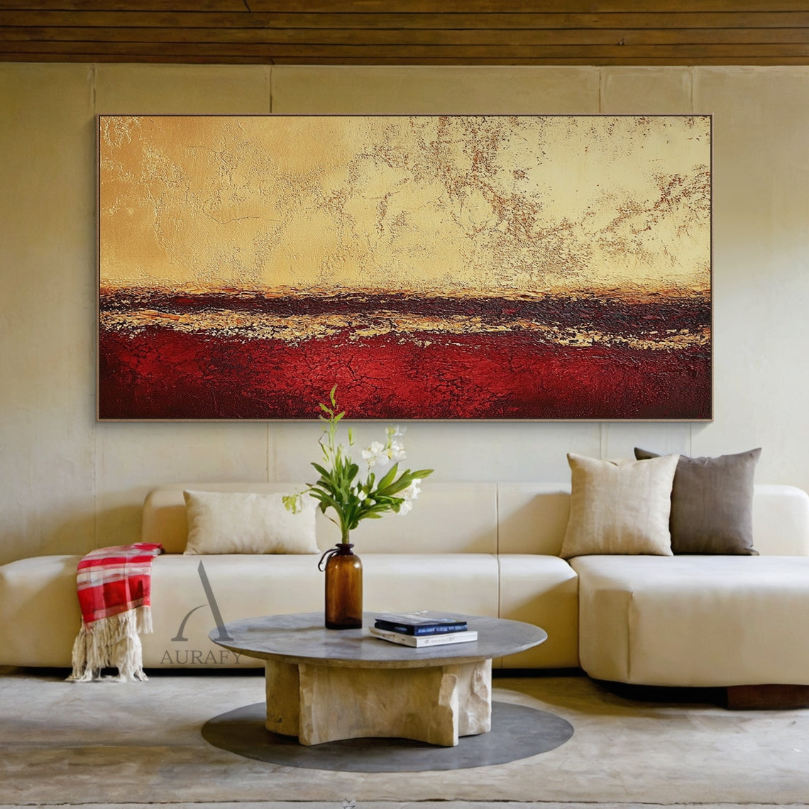 Abstract Red Yellow Textured Wall Art AURA405, geological stratum inspired horizontal layered abstract artwork. The top zone is light yellow-beige with cracked weathered sun-bleached texture, the middle dark band blends deep brown and maroon with uneven golden-yellow streaks, the bottom part is saturated deep red with prominent crackle textures. Wabi-sabi style tactile wall decor for Japandi and minimalist home spaces.