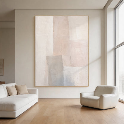 Beige 3D Textured Wabi Sabi Abstract Japandi Canvas Wall Art AURA701 Bedroom Scene Display, handcrafted with thick impasto plaster layers, features irregular geometric blocks in muted neutral beige tones including warm off-white, soft pale blush beige and cool light gray. The surface has visible natural cracks, raised uneven ridges and hand-applied knife stroke textures, delivering a tactile sculpted non-print finish, shown hung above a low-profile linen headboard in a soft neutral bedroom space to intuitiv