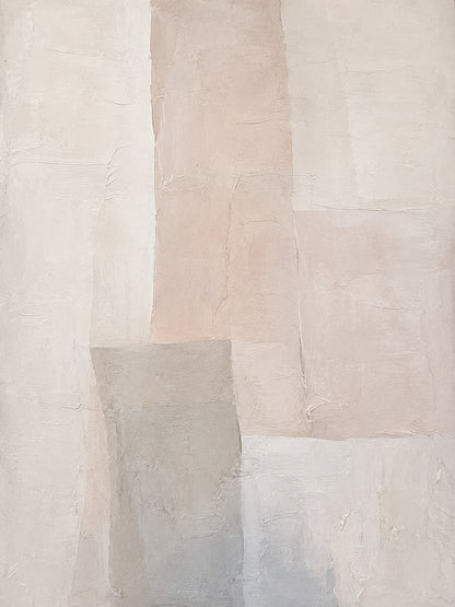 Beige 3D Textured Wabi Sabi Abstract Japandi Canvas Wall Art AURA701 Bedroom Scene Display, handcrafted with thick impasto plaster layers, features irregular geometric blocks in muted neutral beige tones including warm off-white, soft pale blush beige and cool light gray. The surface has visible natural cracks, raised uneven ridges and hand-applied knife stroke textures, delivering a tactile sculpted non-print finish, shown hung above a low-profile linen headboard in a soft neutral bedroom space to intuitiv
