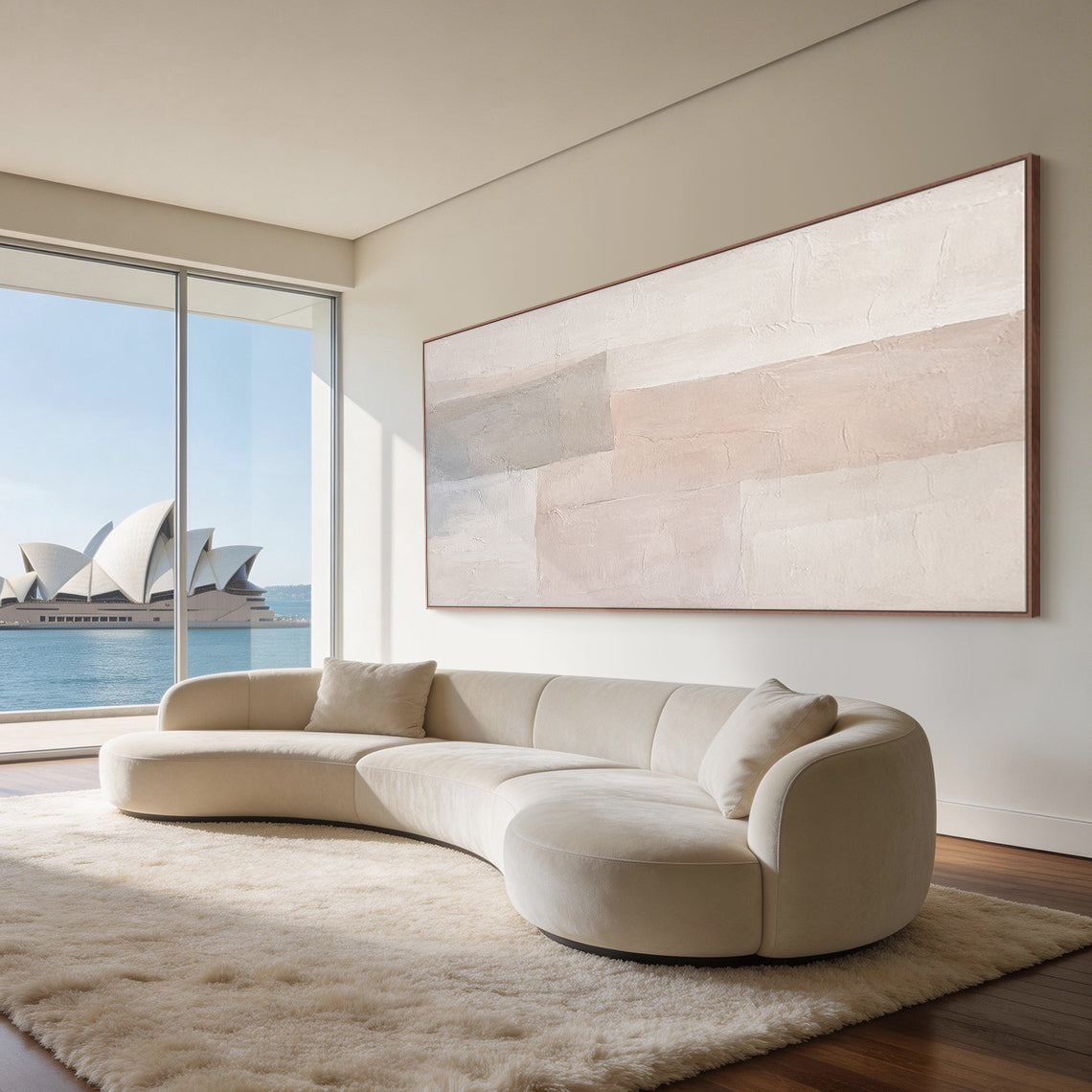 Beige 3D Textured Wabi Sabi Abstract Japandi Canvas Wall Art AURA701 Bedroom Scene Display, handcrafted with thick impasto plaster layers, features irregular geometric blocks in muted neutral beige tones including warm off-white, soft pale blush beige and cool light gray. The surface has visible natural cracks, raised uneven ridges and hand-applied knife stroke textures, delivering a tactile sculpted non-print finish, shown hung above a low-profile linen headboard in a soft neutral bedroom space to intuitiv