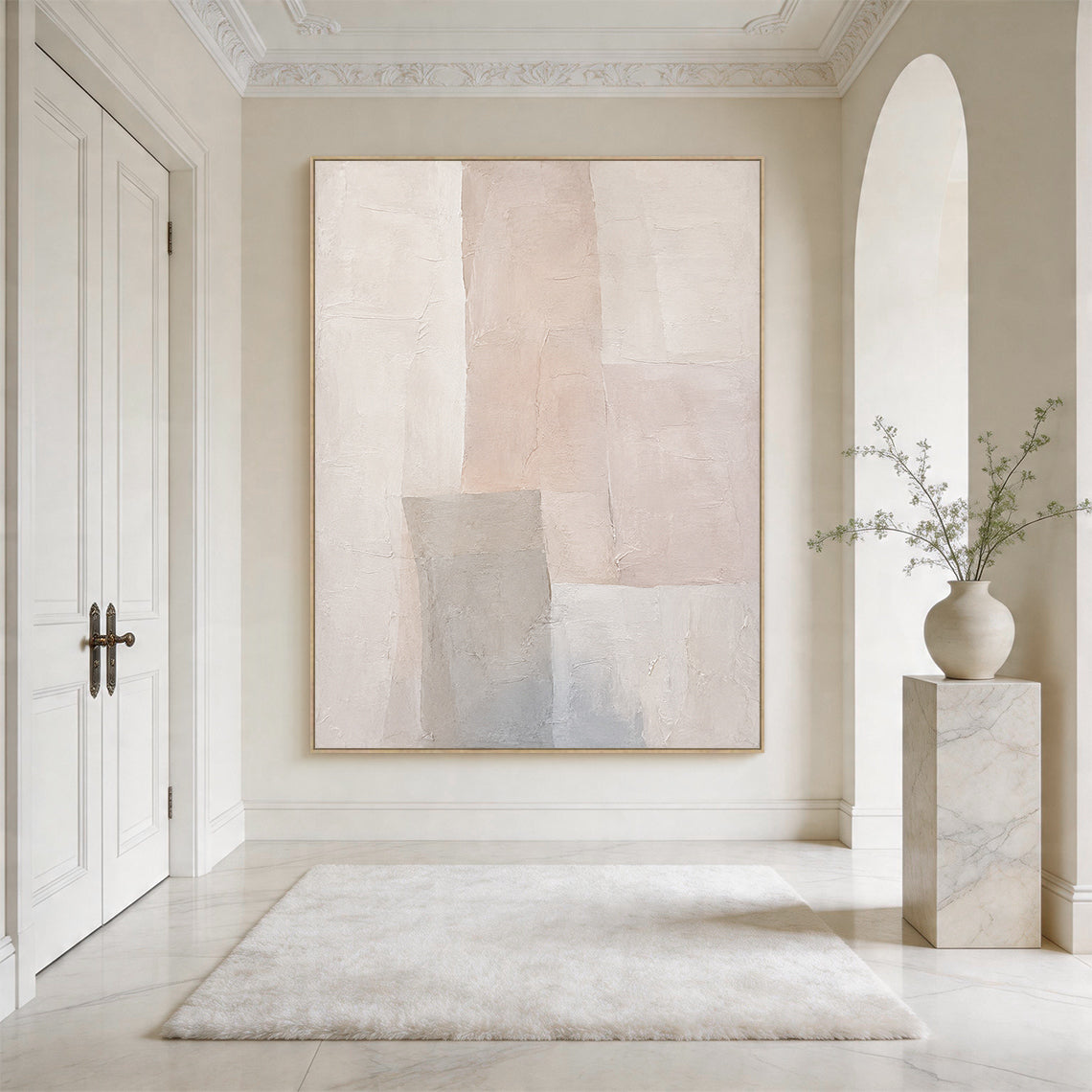 Beige 3D Textured Wabi Sabi Abstract Japandi Canvas Wall Art AURA701 Living Room Scene Display, handcrafted with thick impasto plaster layers, features irregular geometric blocks in muted neutral beige tones including warm off-white, soft pale blush beige and cool light gray. The surface has visible natural cracks, raised uneven ridges and hand-applied knife stroke textures, delivering a tactile sculpted non-print finish, shown hung in a minimalist neutral space to intuitively present its decorative matchin