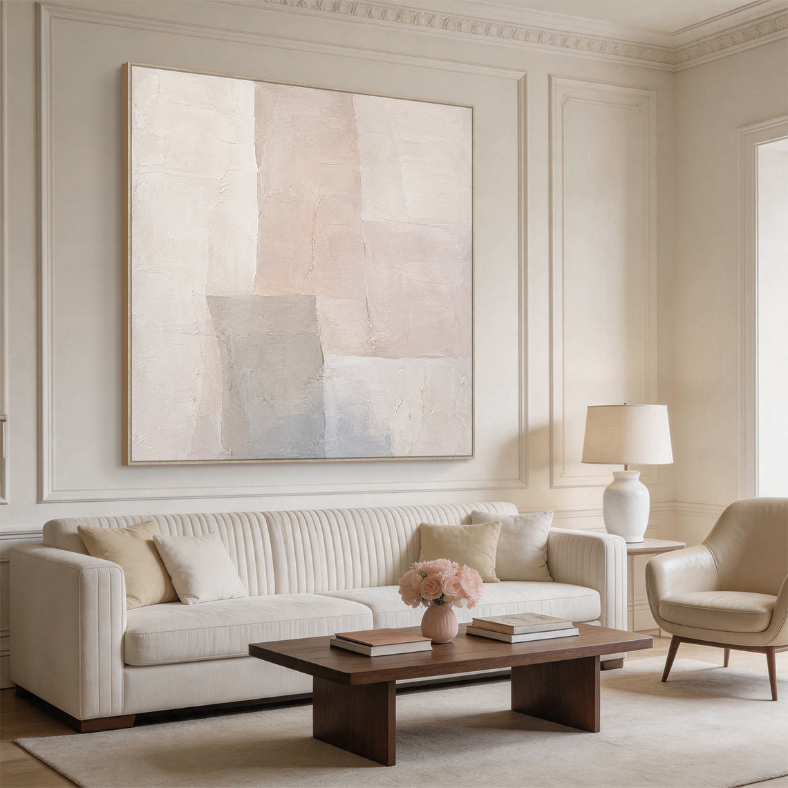 Beige 3D Textured Wabi Sabi Abstract Japandi Canvas Wall Art AURA701 Living Room Scene Display, handcrafted with thick impasto plaster layers, features irregular geometric blocks in muted neutral beige tones including warm off-white, soft pale blush beige and cool light gray. The surface has visible natural cracks, raised uneven ridges and hand-applied knife stroke textures, delivering a tactile sculpted non-print finish, shown hung in a minimalist neutral space to intuitively present its decorative matchin