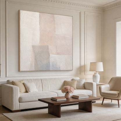 Beige 3D Textured Wabi Sabi Abstract Japandi Canvas Wall Art AURA701 Living Room Scene Display, handcrafted with thick impasto plaster layers, features irregular geometric blocks in muted neutral beige tones including warm off-white, soft pale blush beige and cool light gray. The surface has visible natural cracks, raised uneven ridges and hand-applied knife stroke textures, delivering a tactile sculpted non-print finish, shown hung in a minimalist neutral space to intuitively present its decorative matchin